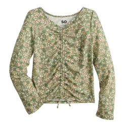 Girls 6-20 SO® Long Sleeve Cinch Front Tee in Regular & Plus -Sleep On It Sales Shop 5574801 Olive Ditsy