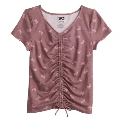 Girls 6-20 SO® Short Sleeve Cinch Front Tee in Regular & Plus -Sleep On It Sales Shop 5574804 Berry Butterfly