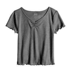 Girls 6-20 SO® Short Sleeve Cinch Front Lettuce Edge Tee in Regular & Plus -Sleep On It Sales Shop 5578204 Gray