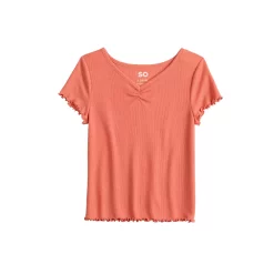 Girls 6-20 SO® Short Sleeve Cinch Front Lettuce Edge Tee in Regular & Plus -Sleep On It Sales Shop 5578204 Oak Orange