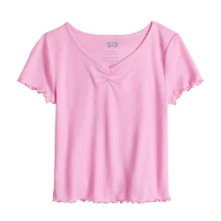Girls 6-20 SO® Short Sleeve Cinch Front Lettuce Edge Tee in Regular & Plus -Sleep On It Sales Shop 5578204 Pink