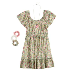 Girls 7-16 Three Pink Hearts Striped Dress, Scrunchies, & Necklace Set in Regular & Plus -Sleep On It Sales Shop 5595006 Green Floral
