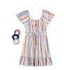 Girls 7-16 Three Pink Hearts Striped Dress, Scrunchies, & Necklace Set in Regular & Plus