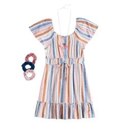 Girls 7-16 Three Pink Hearts Striped Dress, Scrunchies, & Necklace Set in Regular & Plus