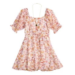 Girls 7-16 Three Pink Hearts Printed Chiffon Dress & Necklace Set in Regular & Plus