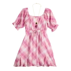Girls 7-16 Three Pink Hearts Printed Chiffon Dress & Necklace Set in Regular & Plus -Sleep On It Sales Shop 5595015 Pink Plaid