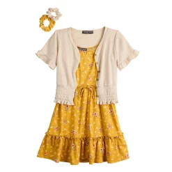 Girls 7-16 Three Pink Hearts Short Sleeve Smocked Cardigan, Floral Dress, & Scrunchies Set in Regular & Plus