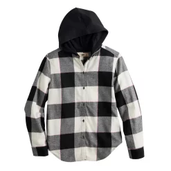 Girls 6-20 SO® Boyfriend Flannel Hooded Shirt in Regular & Plus Size -Sleep On It Sales Shop 5653276 Black Plaid