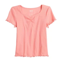 Girls 6-20 SO® Cinch Front Lettuce Hem Tee in Regular & Plus 16 Girls 6-20 SO® Cinch Front Lettuce Hem Tee in Regular & Plus -Sleep On It Sales Shop 5834302 Coral