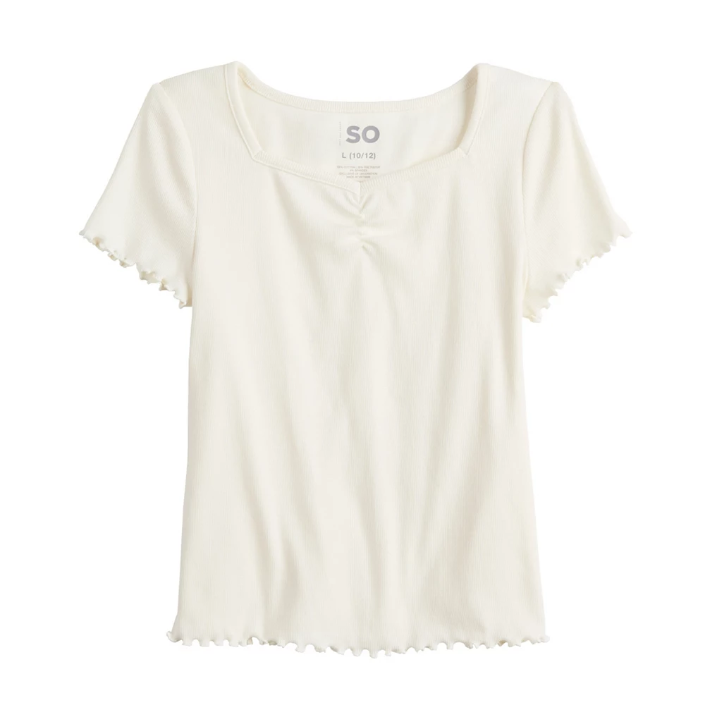 Girls 6-20 SO® Cinch Front Lettuce Hem Tee in Regular & Plus 1 Girls 6-20 SO® Cinch Front Lettuce Hem Tee in Regular & Plus